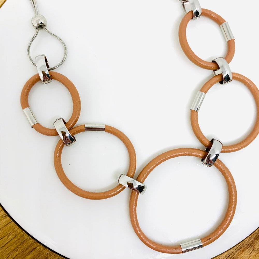 Tan Leather + Silver Link Adjustable Necklace - Picture 2 of 7